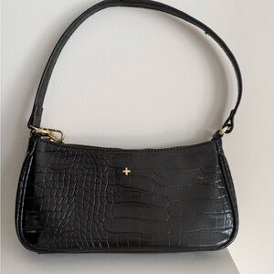 Black Croc-Embossed Shoulder Bag with Gold Accent